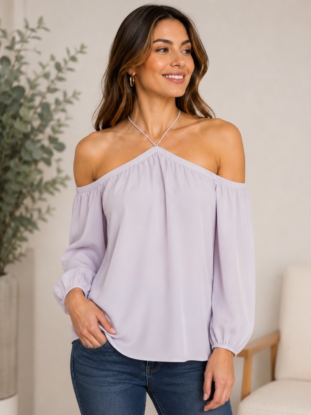 Light Lavender Off-Shoulder Chffon Blouse with Strappy Neck. NWOT